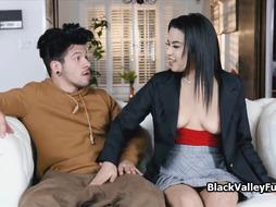 Ebony teen almost busted sucking big cock